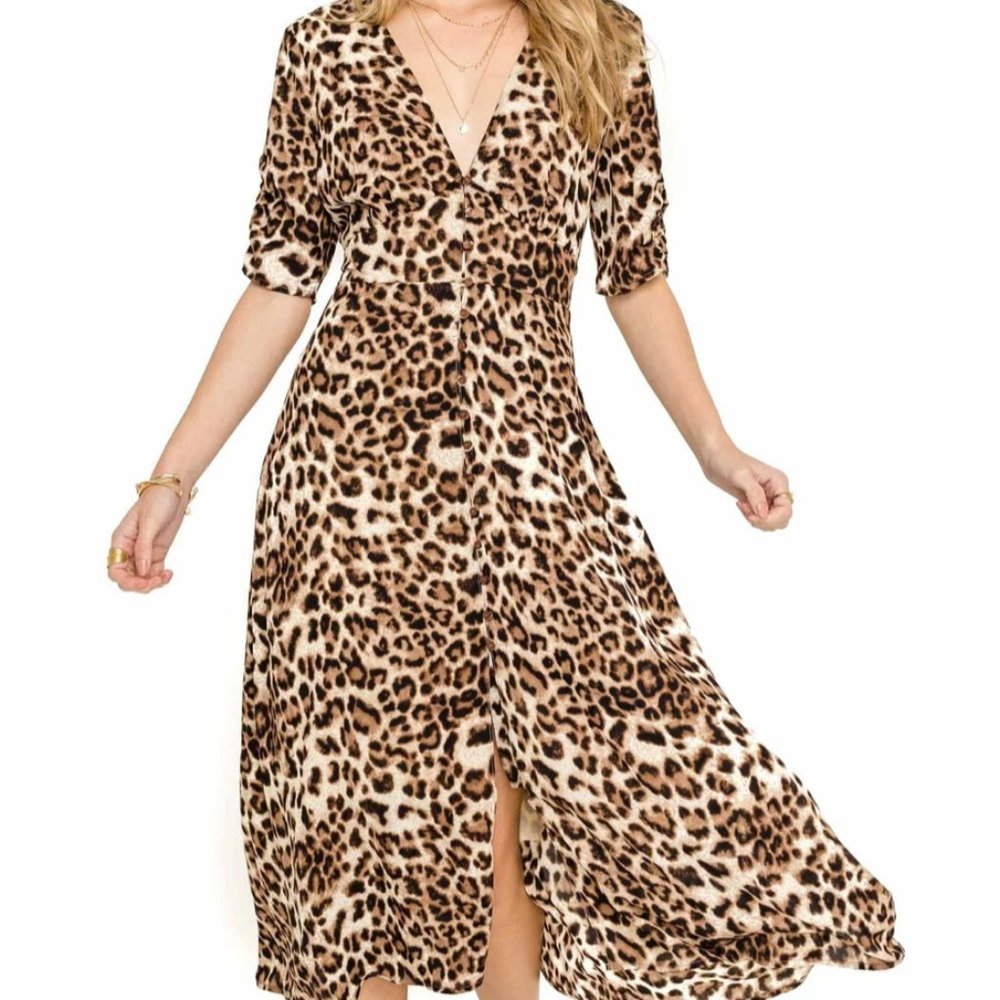 BUTTON DOWN MIDI DRESS animal print